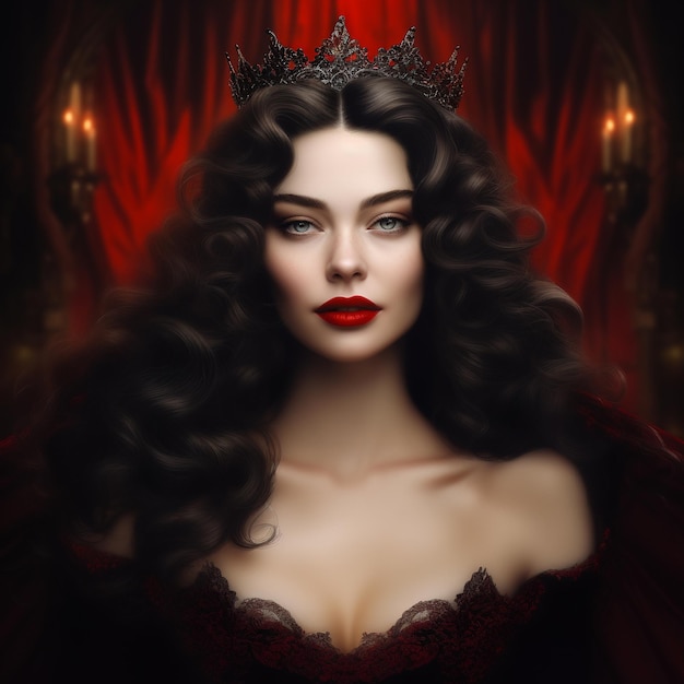 une femme aux lèvres rouges et à la couronne se tient devant un rideau rouge.