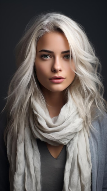 Une femme aux longs cheveux blancs portant un foulard