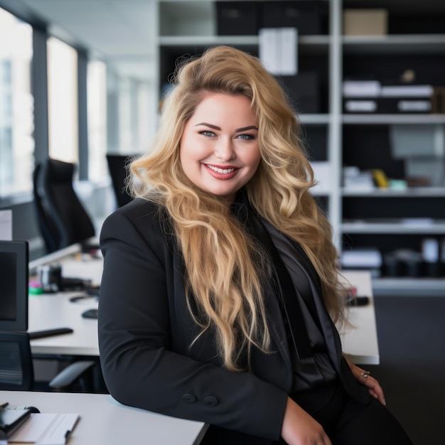 une femme aux longs cheveux blonds assise à un bureau dans un bureau