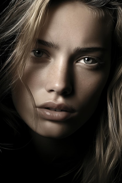 une femme aux longs cheveux blonds et aux yeux bleus