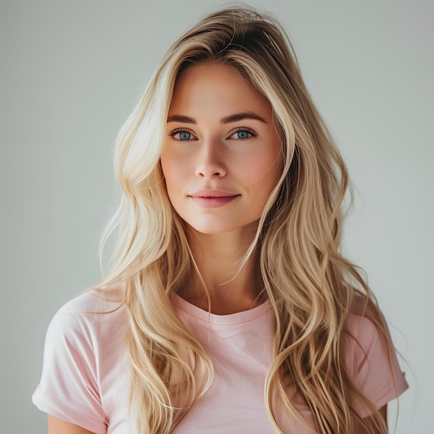 Une femme aux longs cheveux blonds et aux yeux bleus.