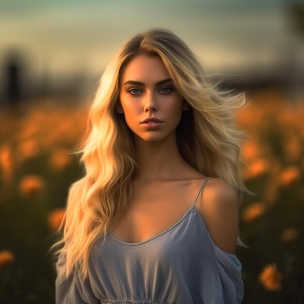 une femme aux longs cheveux blonds dans un champ de fleurs.