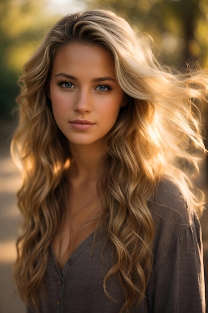 une femme aux longs cheveux blonds et à l'ombre bleue