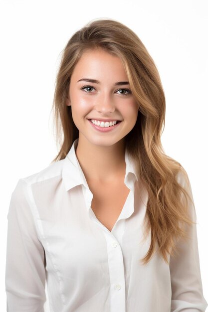 Photo une femme aux longs cheveux blonds portant une chemise blanche