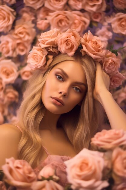 Une femme aux longs cheveux blonds portant une robe rose entourée de roses roses AI générative