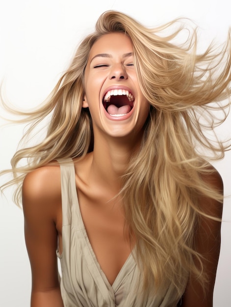 une femme aux longs cheveux blonds raides riant sur fond blanc IA générative