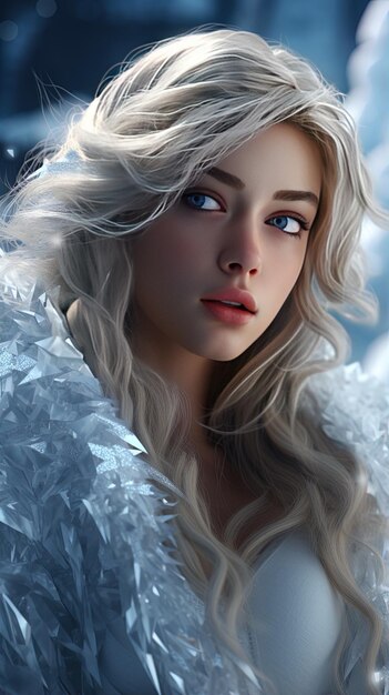 Photo une femme aux longs cheveux blonds et une robe blanche avec des flocons de neige autour des yeux