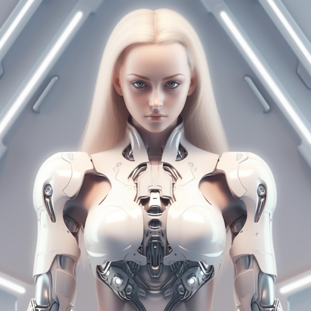 Photo une femme aux longs cheveux blonds et un robot blanc au visage noir.