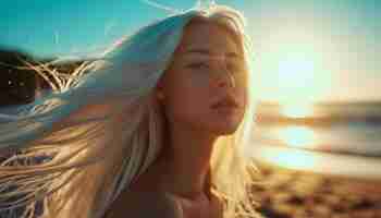 Photo une femme aux longs cheveux blonds se promène sur la plage avec le soleil derrière elle
