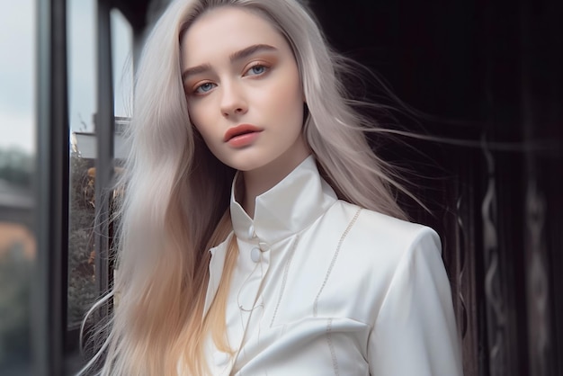 Une femme aux longs cheveux blonds se tient devant une fenêtre.