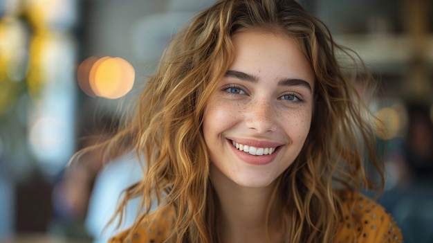 une femme aux longs cheveux blonds souriant à la caméra