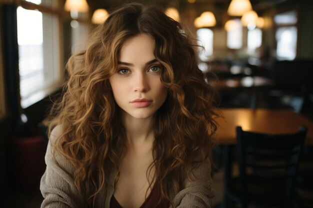 une femme aux longs cheveux bouclés assise à une table