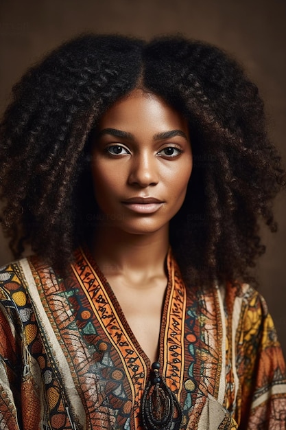 Une femme aux longs cheveux bouclés et une robe marron et orange