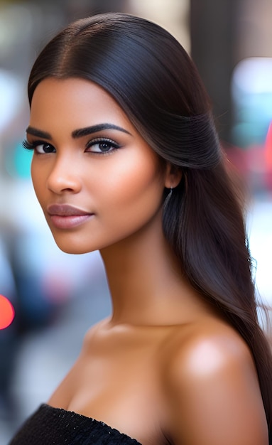 Une femme aux longs cheveux bruns et aux longs cheveux bruns regarde la caméra