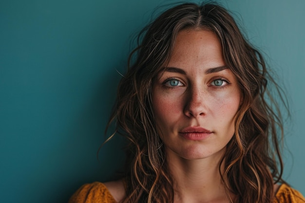 Une femme aux longs cheveux bruns et aux yeux bleus