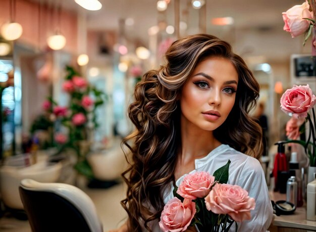 une femme aux longs cheveux bruns et une chemise blanche avec des roses roses devant elle