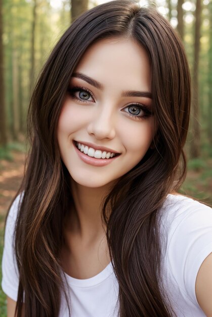 une femme aux longs cheveux bruns et une chemise blanche souriant à la caméra dans une zone forestière avec des arbres et
