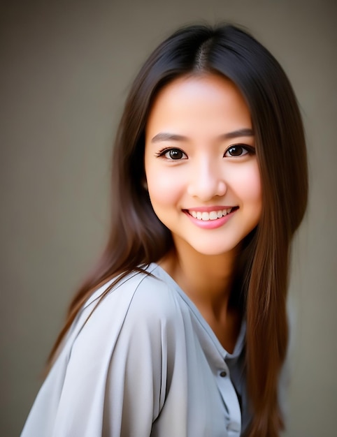 Une femme aux longs cheveux bruns et une chemise grise avec le mot sourire dessus