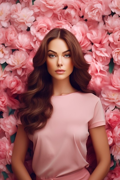 Femme aux longs cheveux bruns debout devant un mur de fleurs roses IA générative
