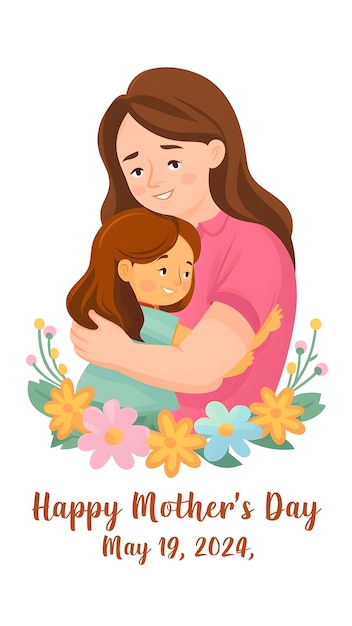 Une femme aux longs cheveux bruns embrasse une petite fille aux cheveux bruns. Ils sont entourés de fleurs.