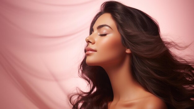 Une femme aux longs cheveux bruns et un fond rose