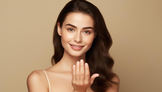 une femme aux longs cheveux bruns et un haut blanc sourit