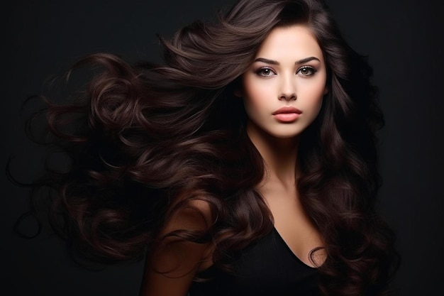 Photo une femme aux longs cheveux bruns et une robe noire avec de longs cheveux de taches de rousseur