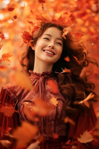 Photo une femme aux longs cheveux bruns et une robe rouge est entourée de feuilles d'automne.