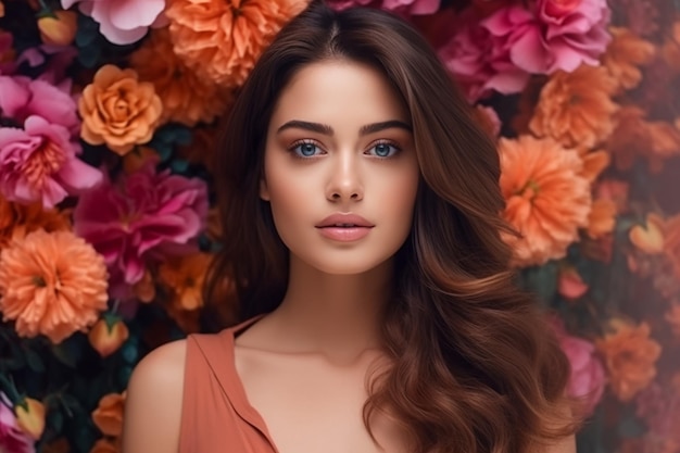 Une femme aux longs cheveux bruns se tient devant un mur de fleurs