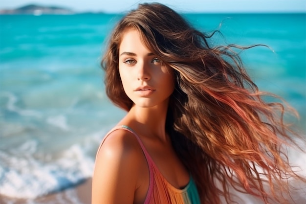 Une femme aux longs cheveux bruns se tient sur la plage et regarde la caméra.