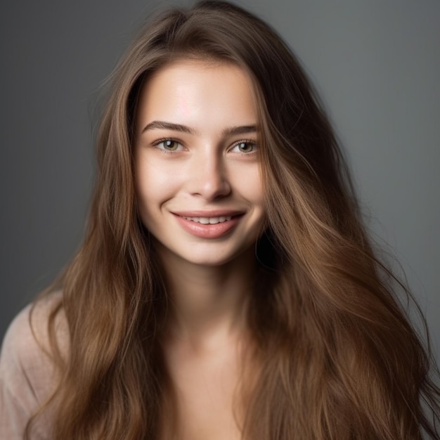 Une femme aux longs cheveux bruns et un sourire sur son visage.