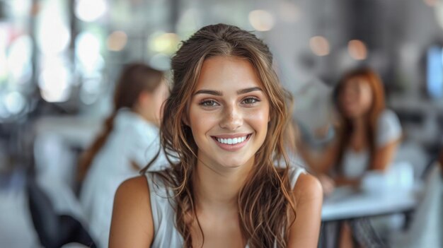 Photo une femme aux longs cheveux bruns sourit à la caméra.