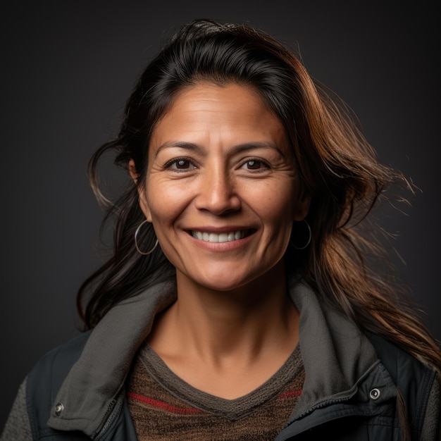 une femme aux longs cheveux bruns et à la veste grise sourit à la caméra