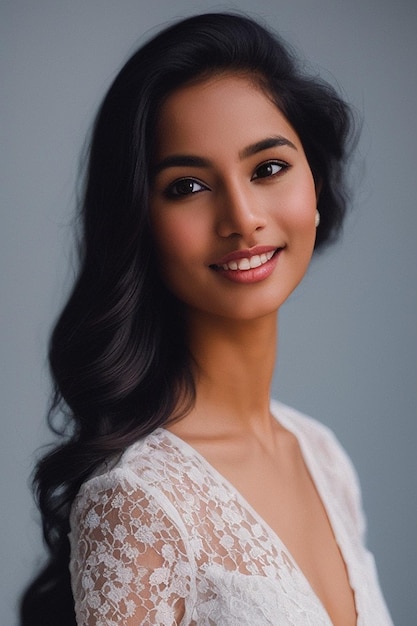 Photo une femme aux longs cheveux noirs et à la robe blanche sourit à la caméra.