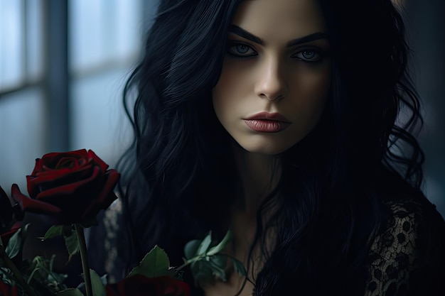 Une femme aux longs cheveux noirs et une rose rouge
