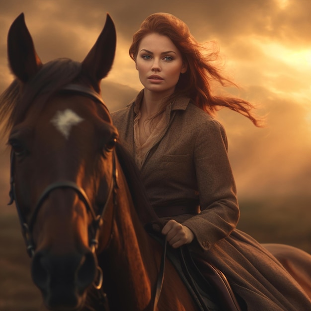 Une femme aux longs cheveux rouges monte à cheval