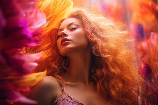 une femme aux longs cheveux roux est entourée de fleurs