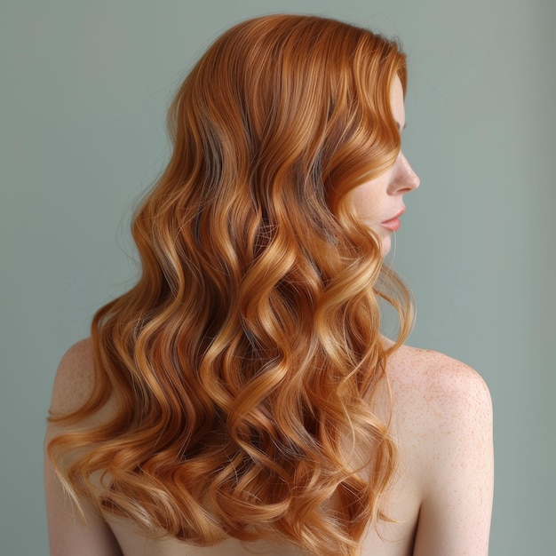 Une femme aux longs cheveux roux vue de derrière