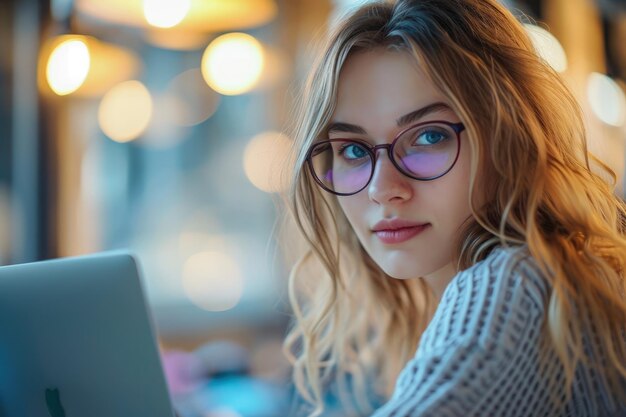 Une femme aux lunettes qui utilise un ordinateur portable