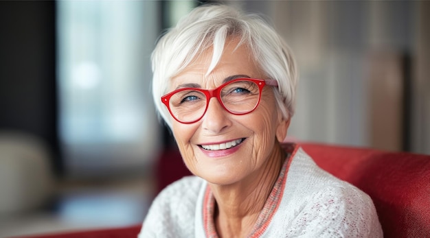 Une femme aux lunettes rouges et aux cheveux gris sourit à la caméra.