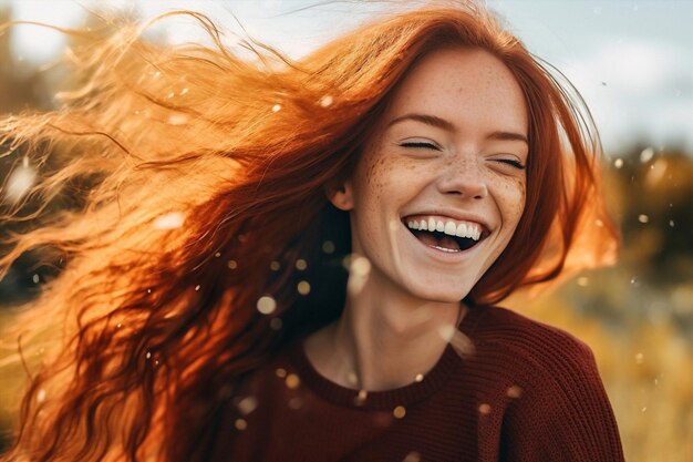 Une femme aux perles, aux cheveux rouges, un portrait de beauté, un visage heureux, un sourire jeune et joyeux, une IA générative.