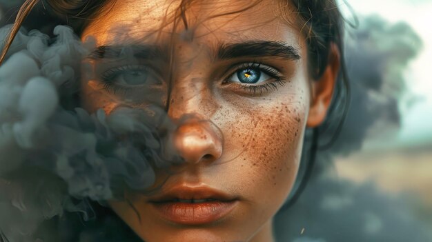 Photo une femme aux taches de rousseur et à la fumée dans les yeux