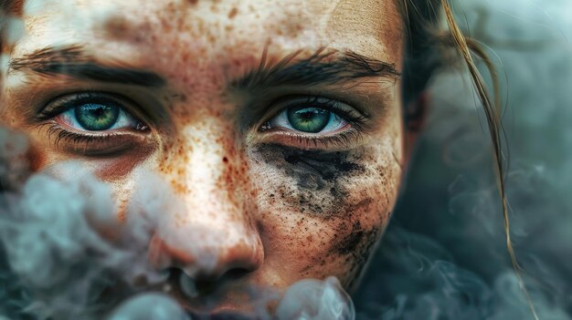 Une femme aux taches de rousseur et à la fumée dans les yeux