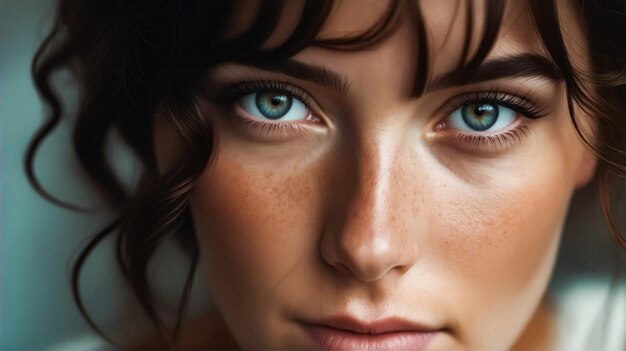 Une femme aux yeux bleus et aux cheveux bruns.