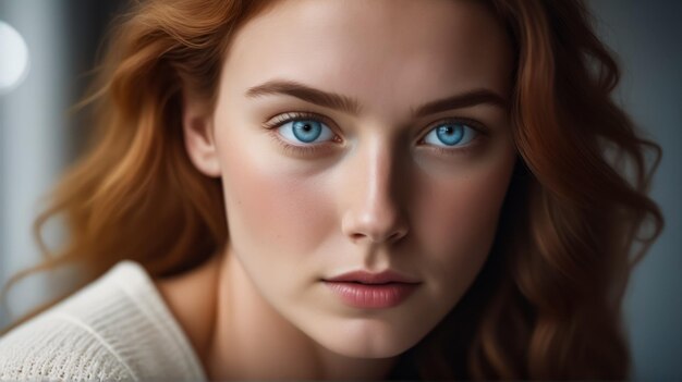 Une femme aux yeux bleus et aux cheveux roux regarde la caméra.