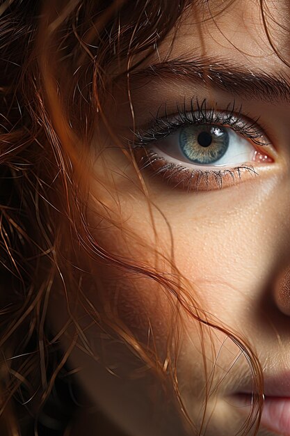 une femme aux yeux bleus et aux cheveux roux
