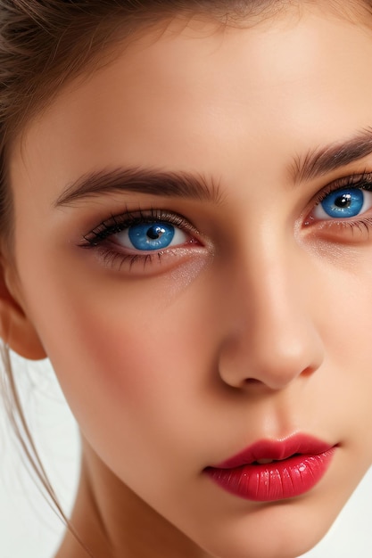 Une femme aux yeux bleus et aux lèvres rouges regarde la caméra avec un regard sérieux sur son visage et un