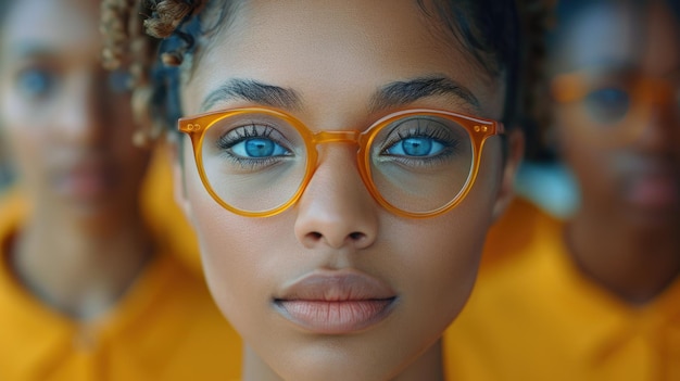 Femme aux yeux bleus et aux lunettes jaunes