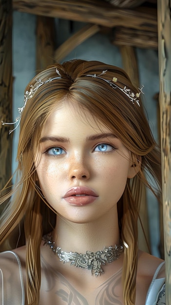 femme aux yeux bleus, brun clair, cheveux lisses et soyeux, portant un amour doré argenté
