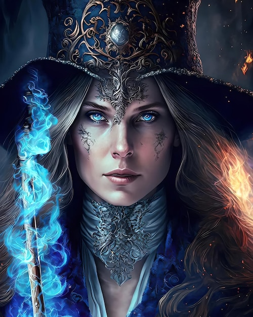Une femme aux yeux bleus et un chapeau avec une flamme bleue dessus